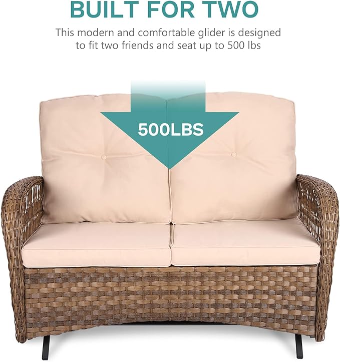 MEETWARM Outdoor Wicker Patio Glider Set, Loveseat for 2 Person Porch Furniture Glider with Glass-Top Coffee Table, Patio Glider Rocking Bench with Thickened Cushions, Brown