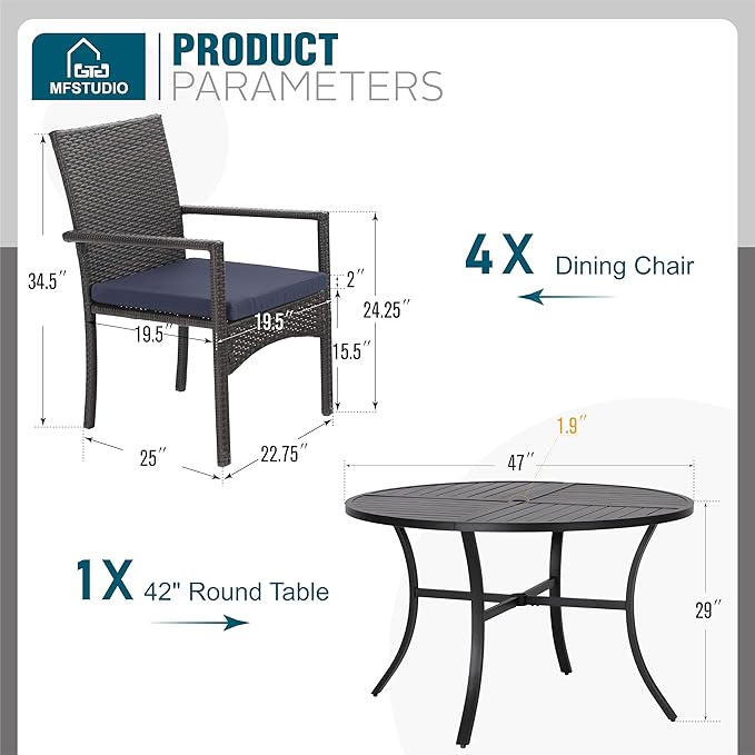 MFSTUDIO 5 Piece Patio Round Dining Set, 42" Round Table with Umbrella Hole & Wicker Chairs, Small Outdoor Dining Table and Chairs for 4, Patio Metal Table Dining Furniture, Porch, Deck, Yard