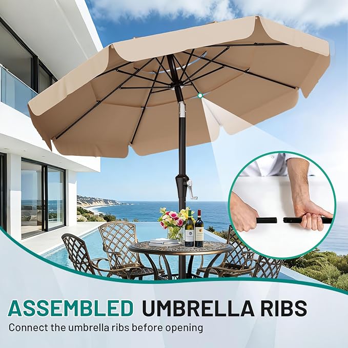 AreShark 10FT 3-Tiers Patio Umbrella with Valance, Outdoor Umbrellas with Crank/Tilt, Table Market Umbrella Vented w/ 8 Sturdy Ribs for Garden, Deck, Backyard, and Pool, Beige