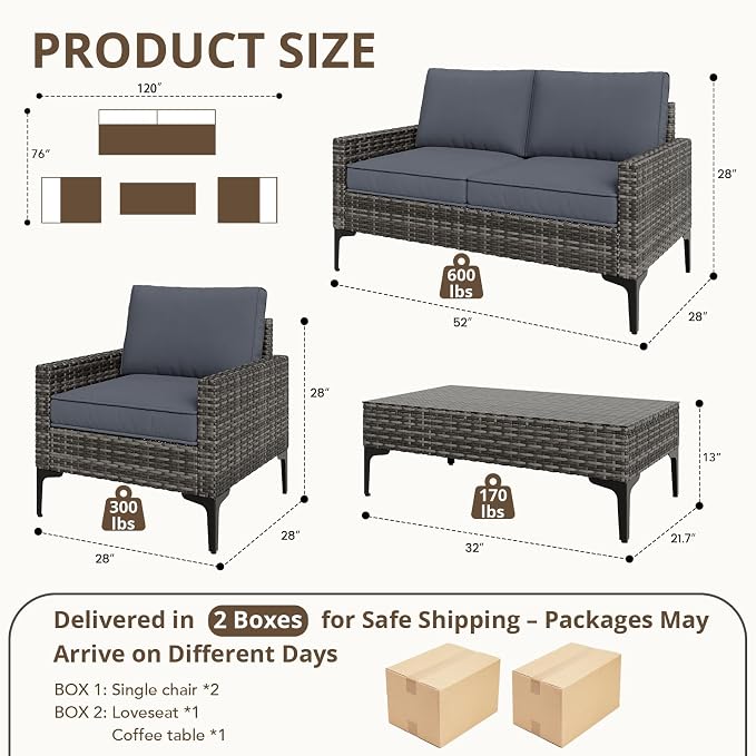 4-Piece Outdoor Patio Furniture Set Grey All-Weather Rattan Outdoor Couch with Coffee Table Outdoor Patio Sofa Seating with Cushions for Garden, Poolside, Porch