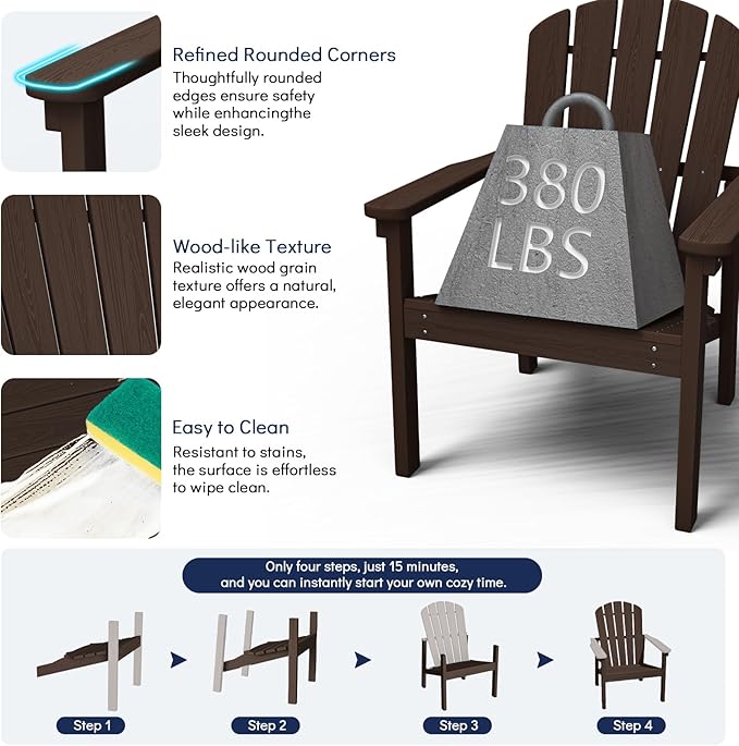 nevilywood Compact Stackable Adirondack Chairs Set of 2,HDPE,380lbs,Coffee | 26.3" Wide HDPE.All-Weather Outdoor.Maintenance-Free.Stackable for Storage.25°Curved Straight Backrest.Quick Assembly