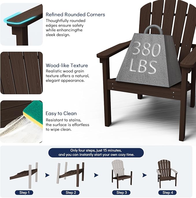 nevilywood Compact Stackable Adirondack Chairs Set of 4,HDPE,380lbs,Coffee | 26.3" Wide HDPE.All-Weather Outdoor.Maintenance-Free.Stackable for Storage.25°Curved Straight Backrest.Quick Assembly