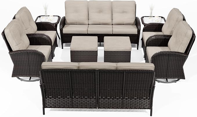 Joyside Wicker Patio Furniture Set, 10 Piece Outdoor Furniture Set with Thickened Cushions, High Back, Deep Seating, Wide Armrest, Outdoor Swivel Rocker Chairs for Porch, Deck