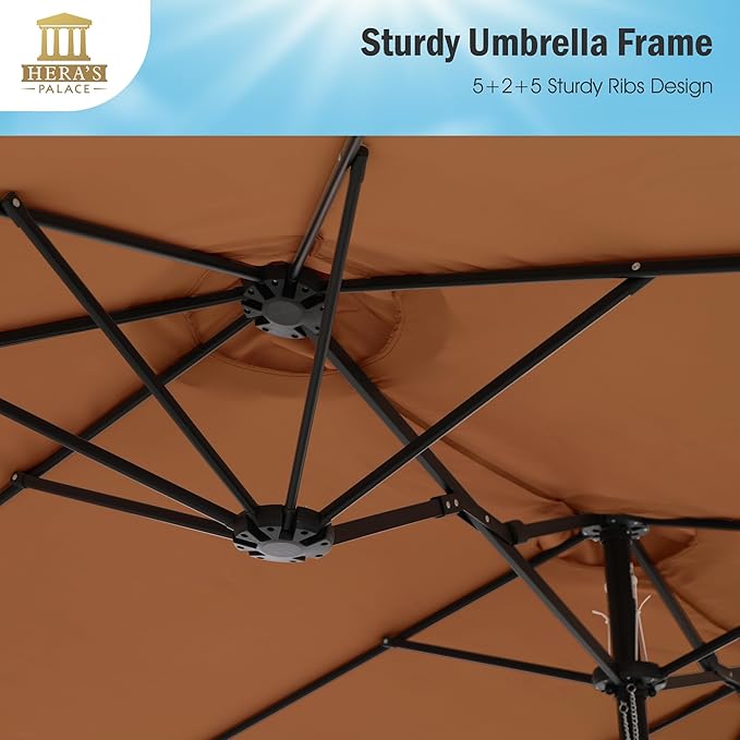 HERA'S PALACE Umbrella Patio Outdoor with Base 15ft Rectangle Table Double Market Heavy Duty Umbrellas Clearance Large Included Stand for Deck Outside Pool Yard Inground Commercial, Tawny