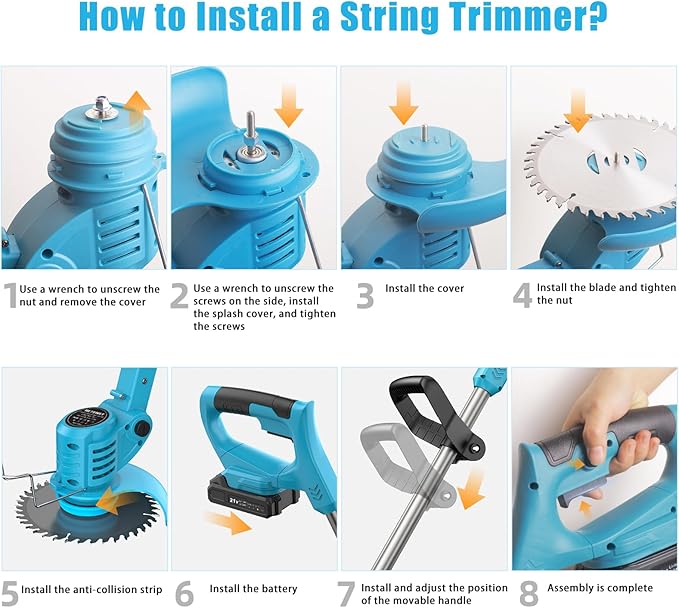 Weed Wacker, Cordless String Trimmer 21V with 2 Batteries 2.0Ah, 2 Types Metal Blades Powered Grass Trimmer, Pruning Shears, Adjustable Pole Weed Trimmer for Garden and Yard Lawn, Blue