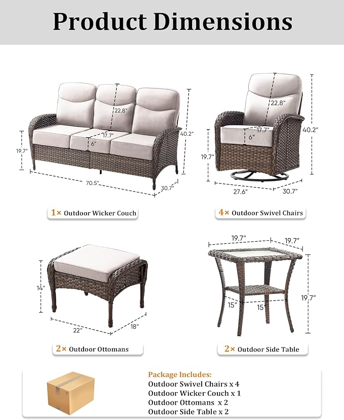 9-Piece Luxury Patio Furniture Set with 6-Inch Thick Cushions, High-Back Outdoor 4 Swivel Rocking Chairs with Wicker Side Table, All-Weather Conversation Set for Porch, Deck, Yard or Poolside – Beige