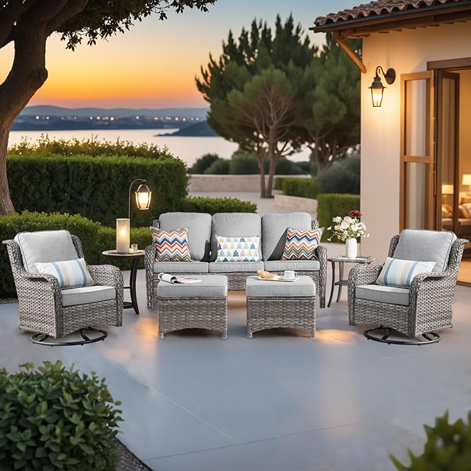 ovios 6-Pieces Patio Furniture Set with Swivel Chairs, Outdoor Wicker Sofa Couch Gliders Rocker Comfy Cushions, High Back Modern Conversation Set, Grey Rattan, Grey