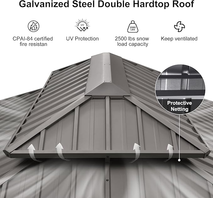 PURPLE LEAF 12' X 16' Hardtop Aluminum Gazebo with Netting and Curtains Heavy Duty Permanent Gazebo with Double Metal Roof for Patio Deck Lawn Garden All Weather Outdoor Pavilion Gazebos, Light Grey