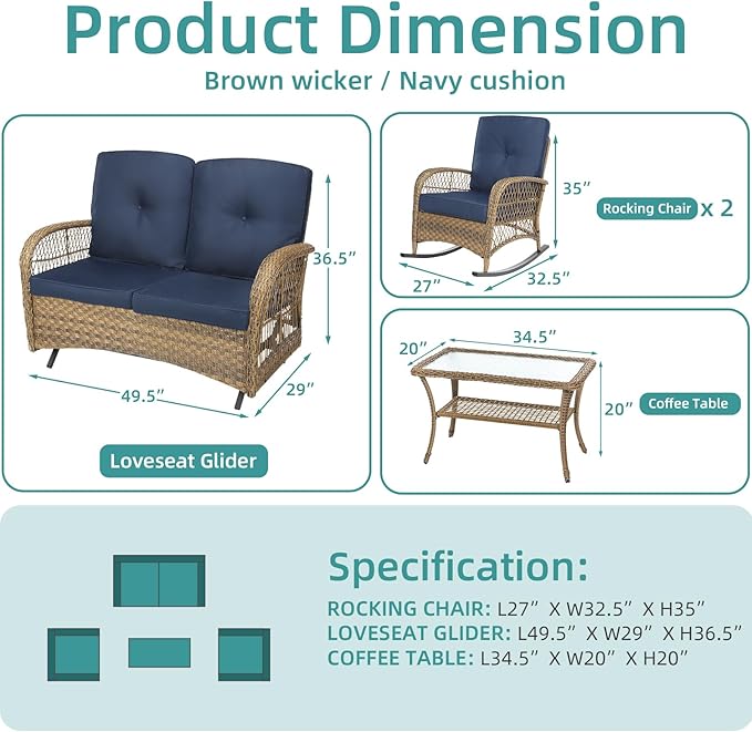 MEETWARM 4 Piece Outdoor Wicker Patio Set w/Glider Loveseat, 2 Chairs & Glass-Top Coffee Table, Thickened Cushions, Navy Blue