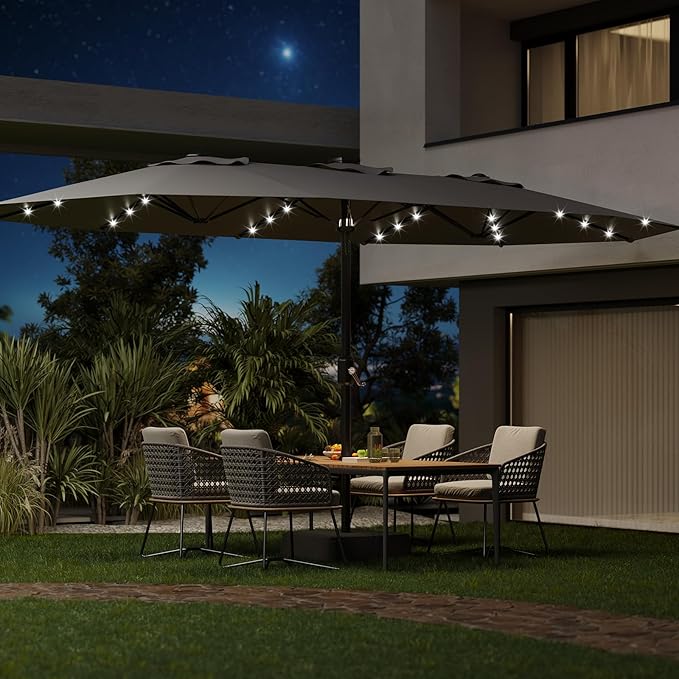 GAOMON 15FT Oversized Double-Sided Patio Umbrella with Base, Solar LED Lights 36PCS, Heavy-Duty Fade-Proof Canopy Outdoor Shade for Backyard, Poolside & Deck