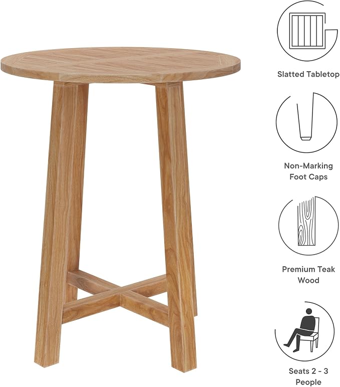 Modway Wellspring Outdoor Round Teak Wood Bar Table in Natural