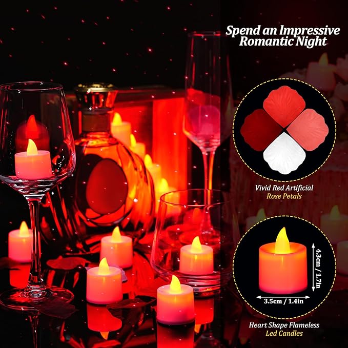 Coume 6000 Pcs Artificial Rose Petals with 72 Pcs Flameless LED Candles Romantic Decorations Fake Candles Anniversary Decorations for Valentine's Day Wedding Night(Red with Red Series Petal)