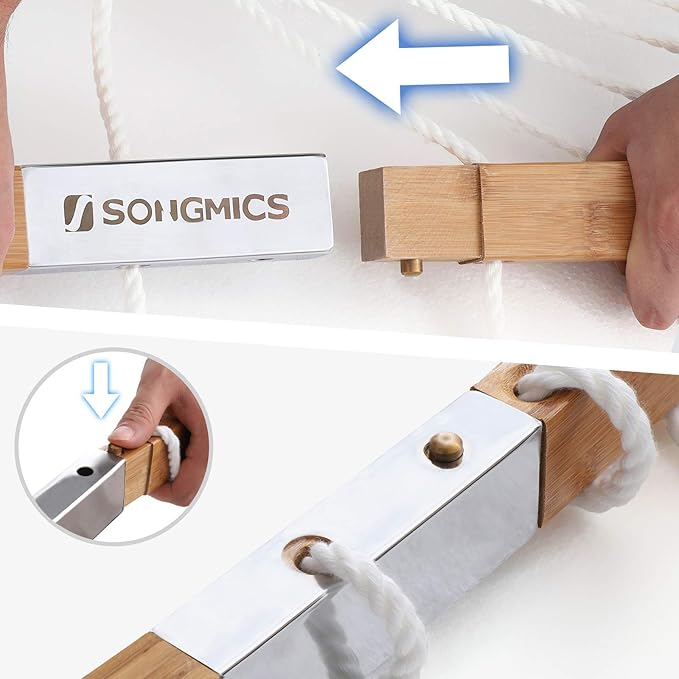 SONGMICS Hammock, Quilted Hammock with Curved Bamboo Spreaders, Pillow, 78.7 x 55.1 Inches, Portable Padded Hammock Holds up to 495 lb, Cream and Beige UGDC34BE