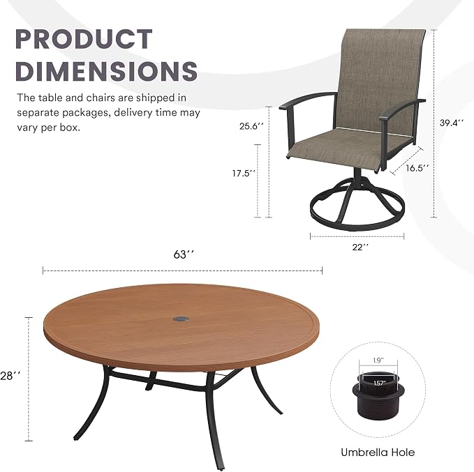 9 Pieces Outdoor Patio Dining Table Set, 63" All Weather Round Metal Table with Umbrella Hole and 8 High Back Textilene Swivel Chairs for Garden, Lawn, Poolside, Walnut Table & Brown Chairs