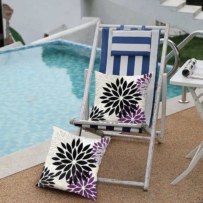 DFXSZ Outdoor Waterproof Pillow Covers 18x18 Set of 2 Black Purple Flower | Spring Summer Waterproof Flower Throw Pillowcases（No Inserts）Outdoor Decor for Patio Funiture Garden Polyester Covers