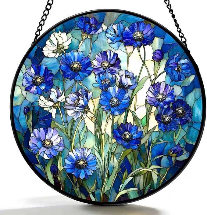 Stained Glass Window Hanging - Blue Floral Pattern 6.3 Inches Suncatcher for Garden Home Decor for Women Mon Grandma Friends