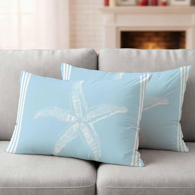 Coastal Starfish Ocean Starfish Summer Stripe Sky Blue Decorative Garden Pillowcase with Zipper Cushion Case for Patio Couch Tent