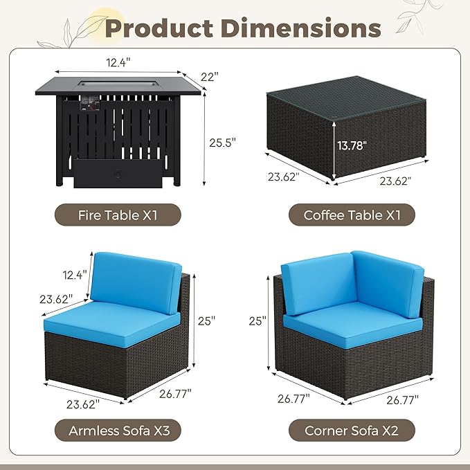 Flamaker 7 Pieces Patio Furniture Set with Fire Pit Table Outdoor Sectional Patio Sofa Furniture Set with Gas Fire Pit and Coffee Table & Ottoman Cushion Pillows, Blue