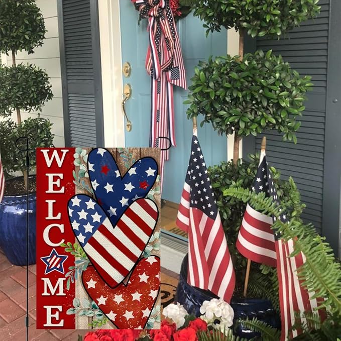 CROWNED BEAUTY 4th of July Patriotic Welcome Garden Flag 12x18 Inch Double Sided USA Flag Hearts Blue Red Memorial Day Independence Day Outside Yard Party Decoration