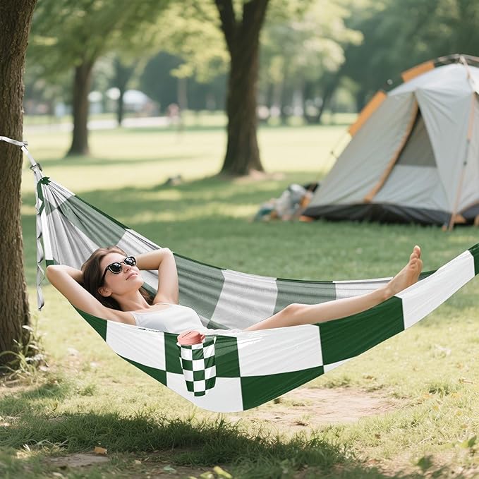 Green and White Checkered Pattern 330lb Capacity Outdoor Hammocks with Hanging Rope Cloth Hammock for Patio Backyard Lounge Base hamacas para adultos con soporte