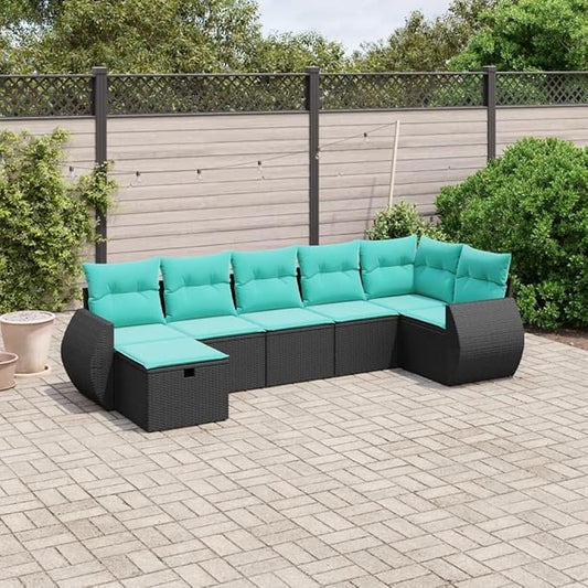7 Piece Patio Sofa Set with Cushions, Sectional Sofa Porch Furniture Set Patio Conversation Set Outdoor Dining Sets for Exhibition Negotiation Area Poolside Garden Black Poly Rattan