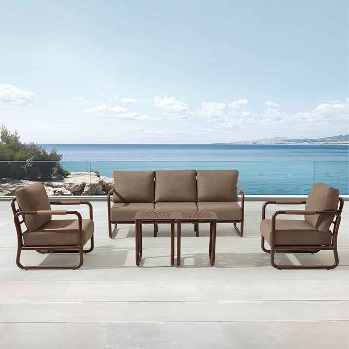 MBY Outdoor Aluminum Patio Furniture Set, 5-Seats Patio Conversation Sofa Set with 2 Coffee Tables and 6.7" Thickened Cushions, All Weather for Pool, Balcony, Garden-Brown