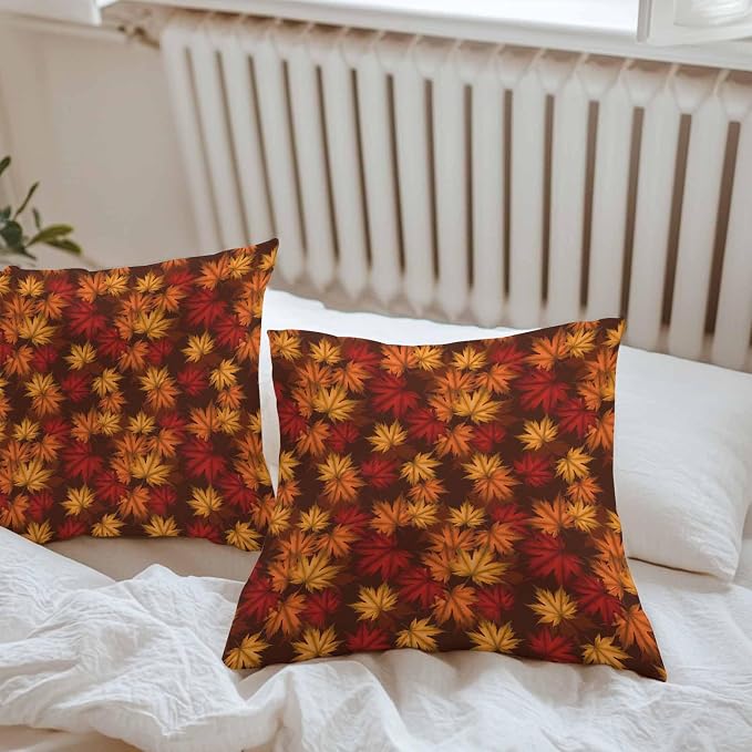 Brown Thanksgiving Outdoor Waterproof Pillow Covers, Fall Maple Leaves Farmhouse Vintage Decorative Square Throw Pillowcase Sofa Cushion Sham for Patio/Couch/Chair, 18"x18" 2 Pack
