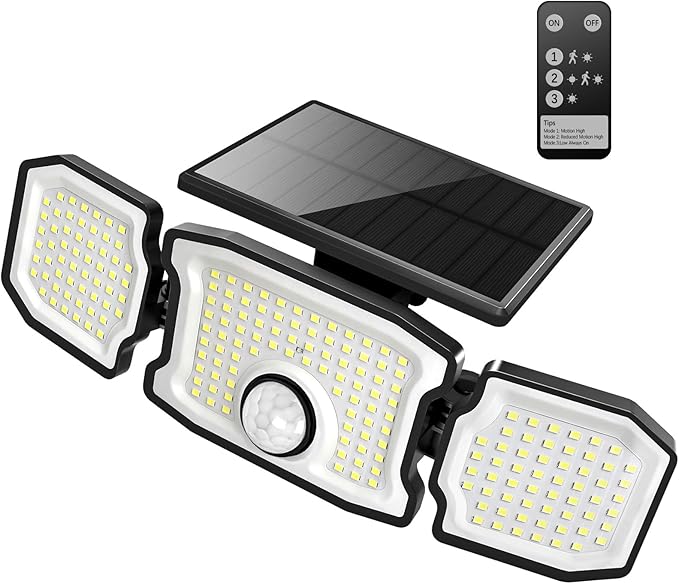 Solar Lights Outdoor Waterproof- 2800LM 200LED Solar Motion Sensor Lights, 3 Heads & 3 Modes Flood Lights, 270° Wide Angle Solar Powered Security Lights for Yard, Garage(1 Pack)