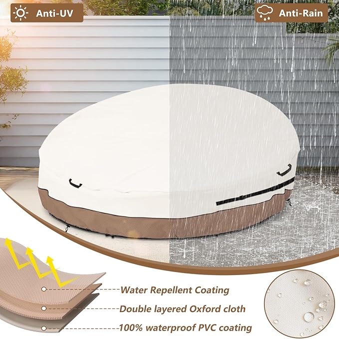 Heavy Duty 600D Waterproof Outdoor Daybed Cover for 75" Round Patio Sofa - UV-Resistant All-Weather Protection Furniture Cover with Air Vent, Fits 75" Dia x 35"/16" H (Beige)