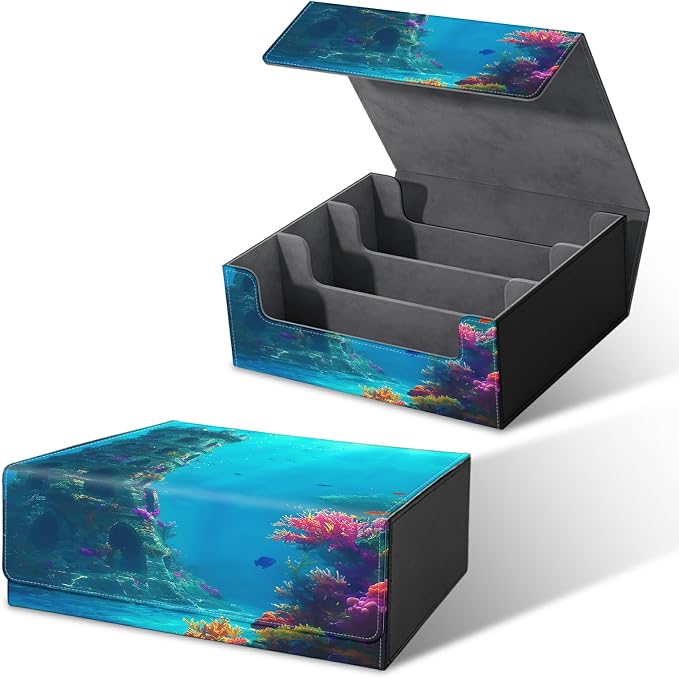 Large Card Deck Box for MTG, Fits 1200+ Sleeved Cards, PU Leather Storage Case with Strong Magnetic Closure, Multiple Colors for TCG CCG Baseball Card Collections, Underwater Castle