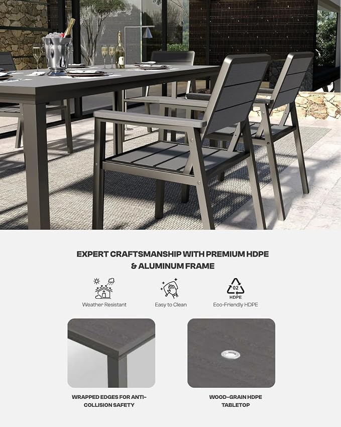 Outdoor Dining Set for 6, Patio Table and Chairs Set with Umbrella Hole, Aluminum & HDPE Outdoor Furniture for Lawn, Garden, Porch, Balcony, Deck, Poolside, Grey