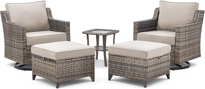 5 Pieces Outdoor Patio Furniture Set-All-Weather Wicker Patio Swivel Glider Chairs with 2 Ottoman and Glass Side Table, Patio Conversation Sets for Porch Balcony Deck - Beige/Grey