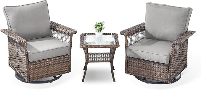 Outdoor Patio Rocking Swivel Chairs - 3PC Wicker Patio Bistro Rocker Chair Set,Rattan Glider Chair with Sturdy Frame,All-Weather PE Wicker and Cushions,1 Side Table for Deck Porch Balcony(Brown/Grey)