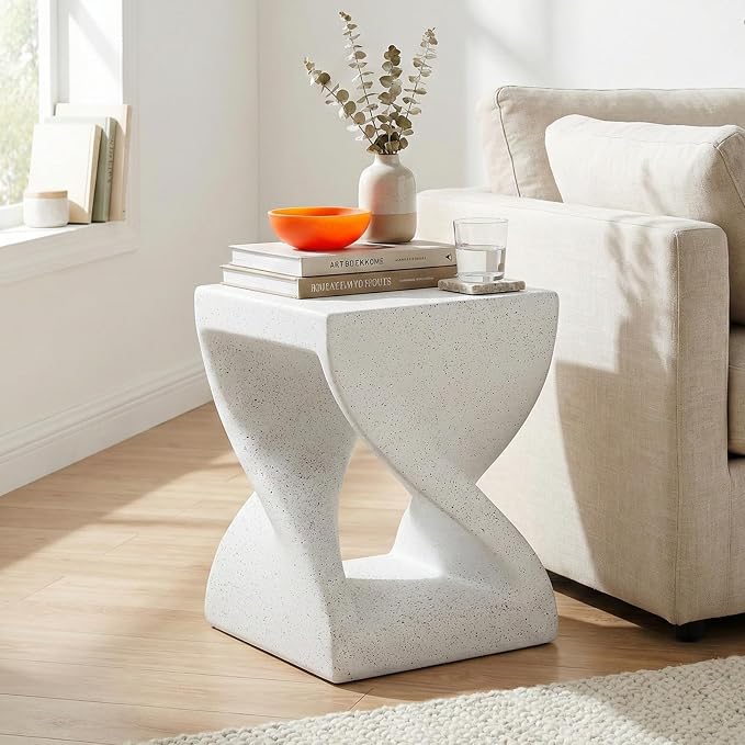 Outdoor Side Table Round Concrete Side Tables with White Terrazzo-Speckled Decor,MGO Twisted Patio End Table for Living Room Garden Balcony,Fully Assembled,White Marble