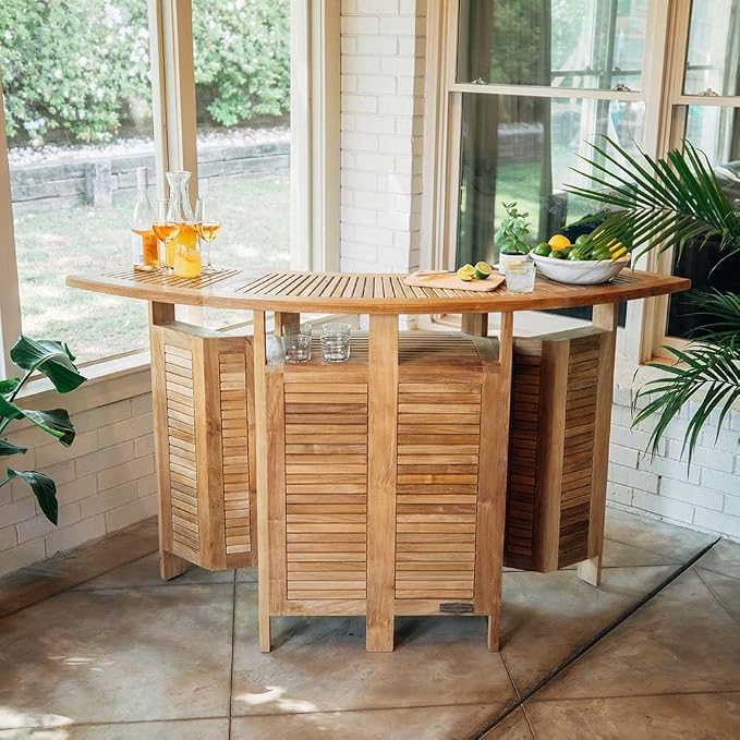 Ash & Ember Acadia Grade A Teak Folding Bar Table, Two Tier Cabinet with Folding Panels, Indoor Outdoor Solid Wood Patio Furniture, Tightly Spaced Slats, Weather Resistant Bar Furniture