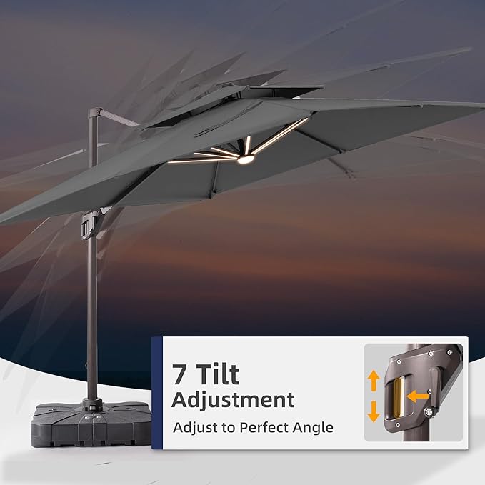 9x12 FT Patio Umbrella with Weighted Base and LED Lights Cantilever Outdoor Large Heavy Duty Rectangle Aluminum Offset Umbrellas Double Top 360 Rotation for Pool Deck Garden, Grey