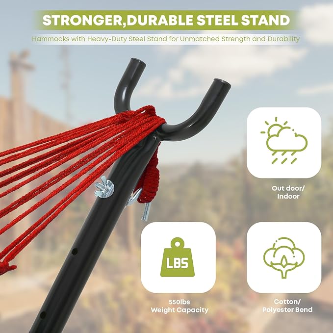 Double Hammock with Space Saving Steel Stand,(450 lb Capacity - Premium Carry Bag Included),Portable Hammock with Heavy Duty Steel Stand for Backyard,Camping or Garden,Red
