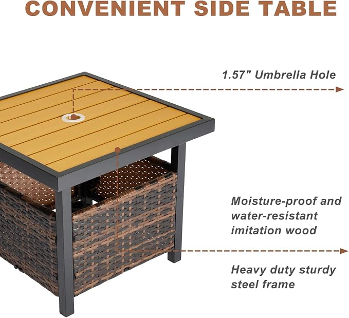 Outdoor Patio Umbrella Stand Table, All Weather Small Wicker Side Table with Umbrella Hole, 22 in Rattan Base Table (Yellow)