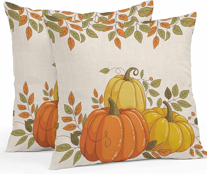 Orange Pumpkins Outdoor Waterproof Pillow Covers, Fall Yellow Leaves Vintage Beige Rustic Decorative Square Throw Pillowcase Sofa Cushion Sham for Patio/Couch/Chair, 18"x18" 2 Pack