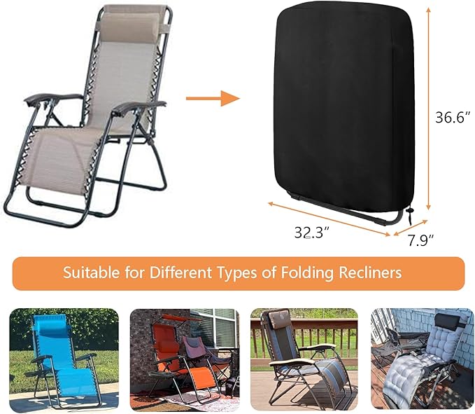 Oslimea Zero Gravity Chair Covers 2 Pcs, Folding Patio Chair Covers All Weather Waterproof Dustproof with Storage Bag, 32.3" W x 7.9" D x 36.6" H, Black