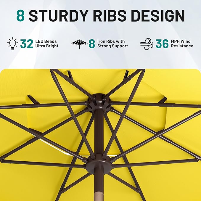 AreShark 9ft 3 Tiers Patio Umbrella with Solar Lights, Outdoor Umbrella w/ 32 LED Lights&8 Sturdy Ribs, Table Umbrella for Deck, Backyard, Pool (Yellow)