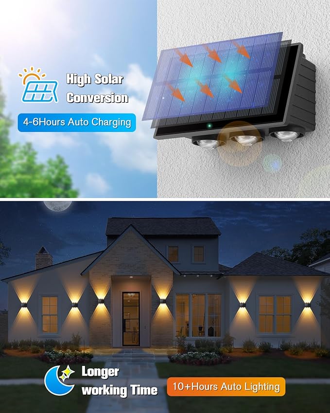 VOLISUN Solar Fence Lights 12 Pack, Color Glow LED Up and Down Wall Lamp, IP65 Waterproof Solar Lights Outdoor for Patio, Backyard, Railing, Deck, Fence and Wall（6 Lenses）