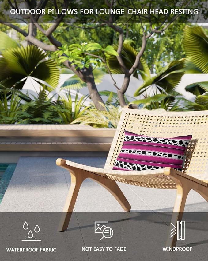 Outdoor Pillows Covers with Inserts Mexico Cow Grain Rose Red Waterproof Recliner Pillow with Adjustable Strap Throw Pillows for Patio Furniture Pool Lounge Chair, 11x16 inch, 1PCS