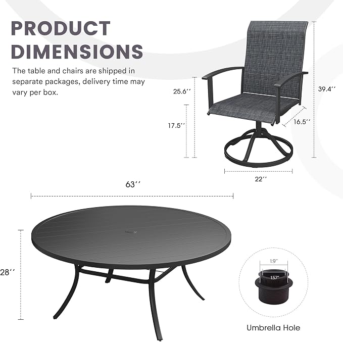 9 Pieces Outdoor Patio Dining Table Set, 63" All Weather Round Metal Table with Umbrella Hole and 8 High Back Textilene Swivel Chairs for Garden, Lawn, Poolside, Black