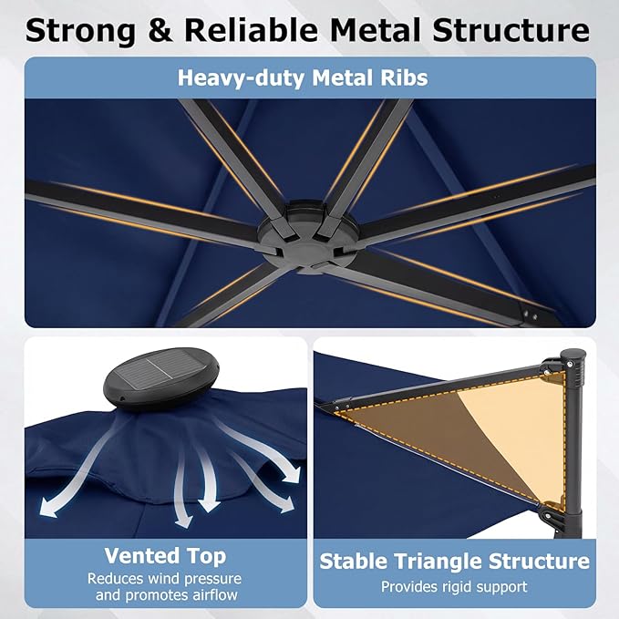 Tangkula 10ft Patio Umbrella with Solar Lights, Offset Cantilever Outdoor Umbrella with LED Lights, 360 Degree Rotation, Air Vent for Pool Deck Garden Backyard (Navy)