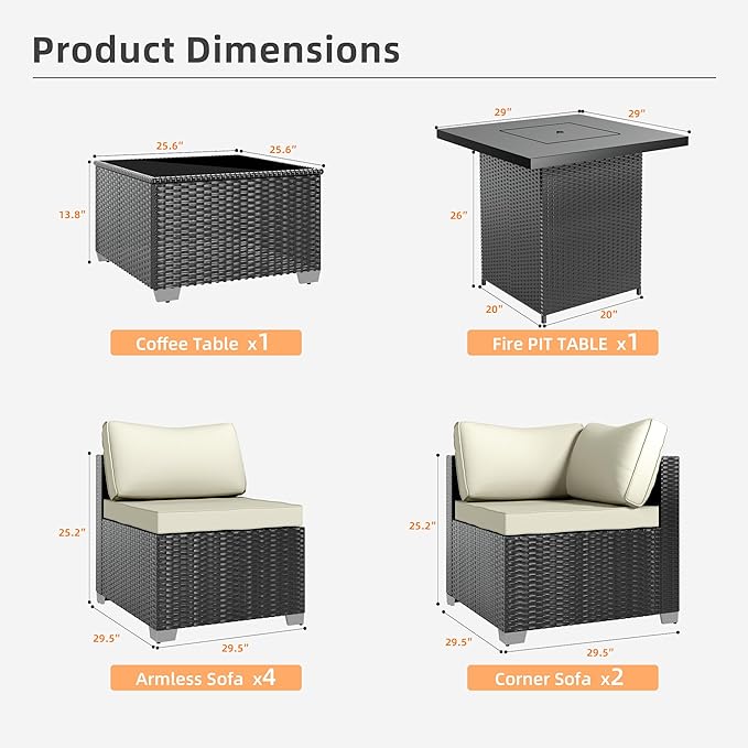 7-Piece Outdoor Patio Sectional Sofa Set – PE Wicker Rattan Conversation Furniture with Coffee Table, Cushions & Clips, Modular Patio Couch for Porch, Poolside, Backyard, Garden – Black Rattan