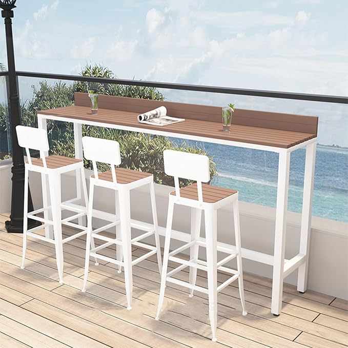 Outdoor Bar Table, Patio Pub Height Table with Anti-Fall Baffle, All-Weather Bar Height Counter Table, Narrow Dining Table for Hot Tub, Garden & Backyard(Color:White+Wood,Size:L-55.1in)