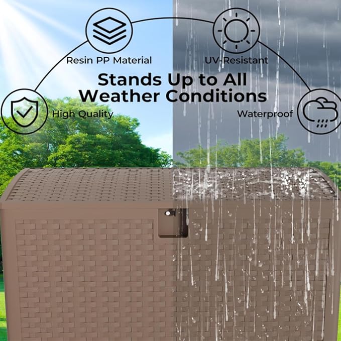 73 gal Brown Resin Deck Box, Outdoor Storage Box with Lockable Lid & Weatherproof Design, Extra Large Patio Storage Container for Garden Tools, Pool Toys, Furniture Cushions, Brown