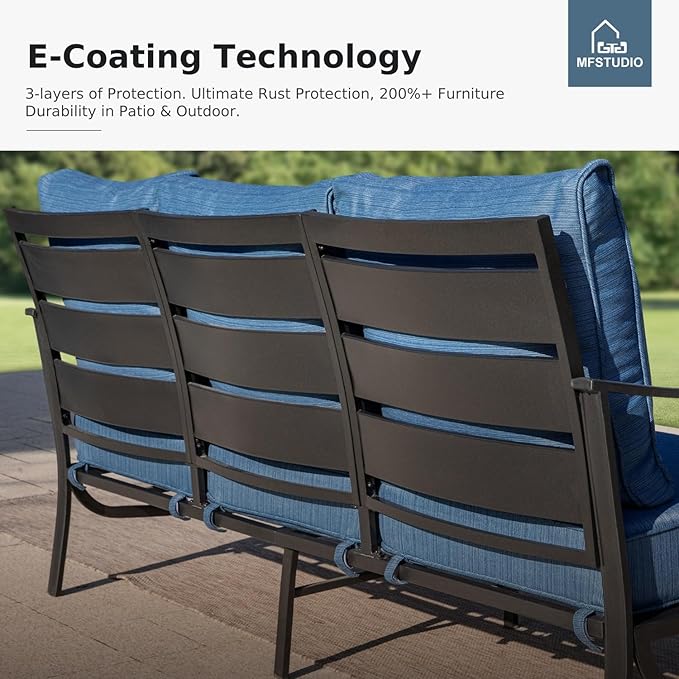 MFSTUDIO Metal Patio Conversation Sets, Outdoor Furniture Sofas Set of 2, 2 Pieces Durable Steel Frame Patio Swivel Chairs with 5.8" Peacock Blue Cushions for Patio Garden Backyard Balcony