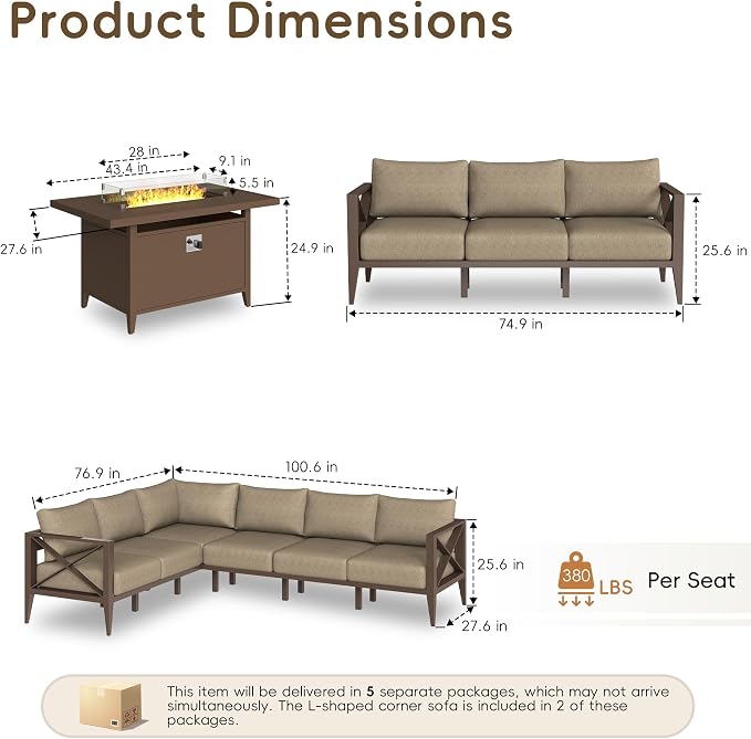 Patio Furniture Set with Fire Pit Table Outdoor Sectional Sofa Conversation Set for Backyard Deck Garden Seating